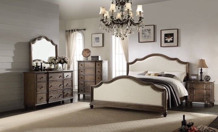 ACME Baudouin Bed, Beige Linen & Weathered Oak (1Set/3Ctn)