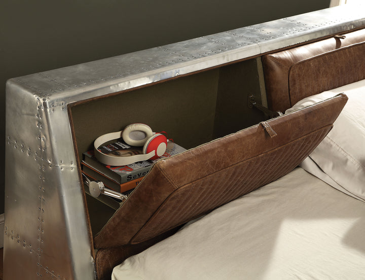 ACME Brancaster Queen Bed w/Storage, Retro Brown Top Grain Leather & Aluminum (1Set/4Ctn)