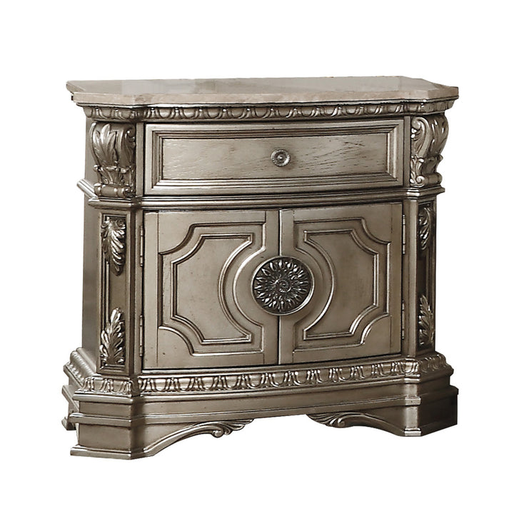 ACME Northville Nightstand w/Marble Top, Antique Silver