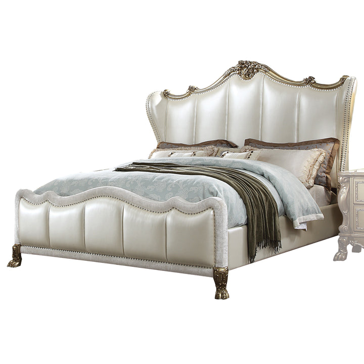 ACME Dresden II  Bed, Pearl White PU & Gold Patina