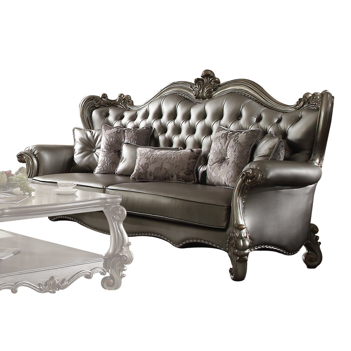 ACME Versailles Sofa w/6 Pillows, Silver PU & Antique Platinum