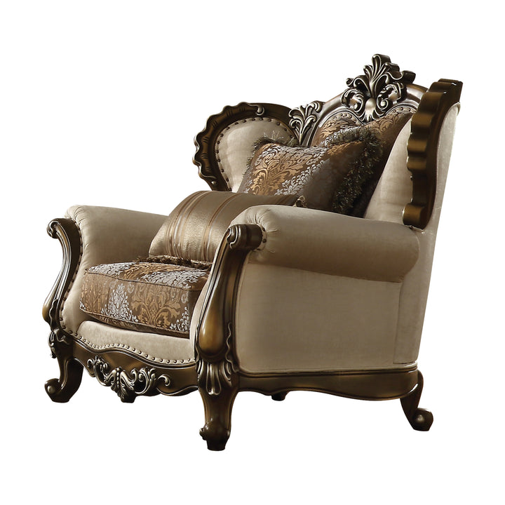 ACME Latisha Chair w/2 Pillow, Tan, Pattern Fabric & Antique Oak