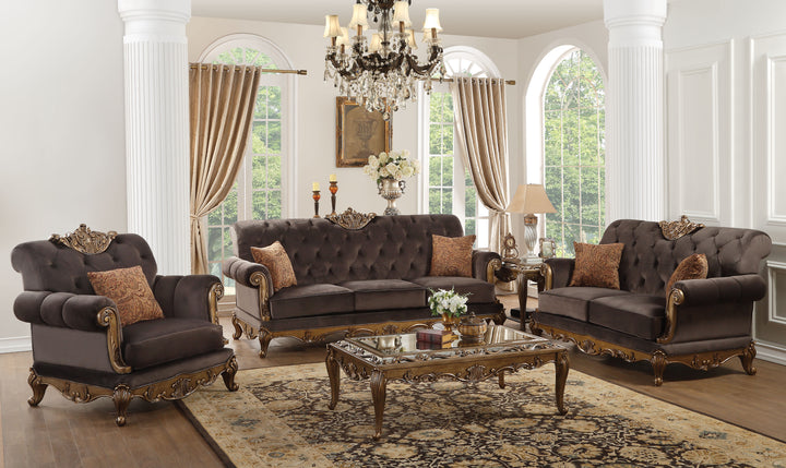 ACME Orianne Sofa w/2 Pillows, Charcoal Fabric & Antique Gold