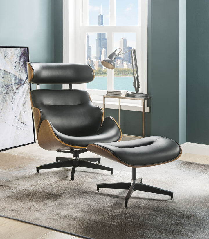ACME Herne 2Pc Pk Chair & Ottoman, Black Bonded Leather & Walnut