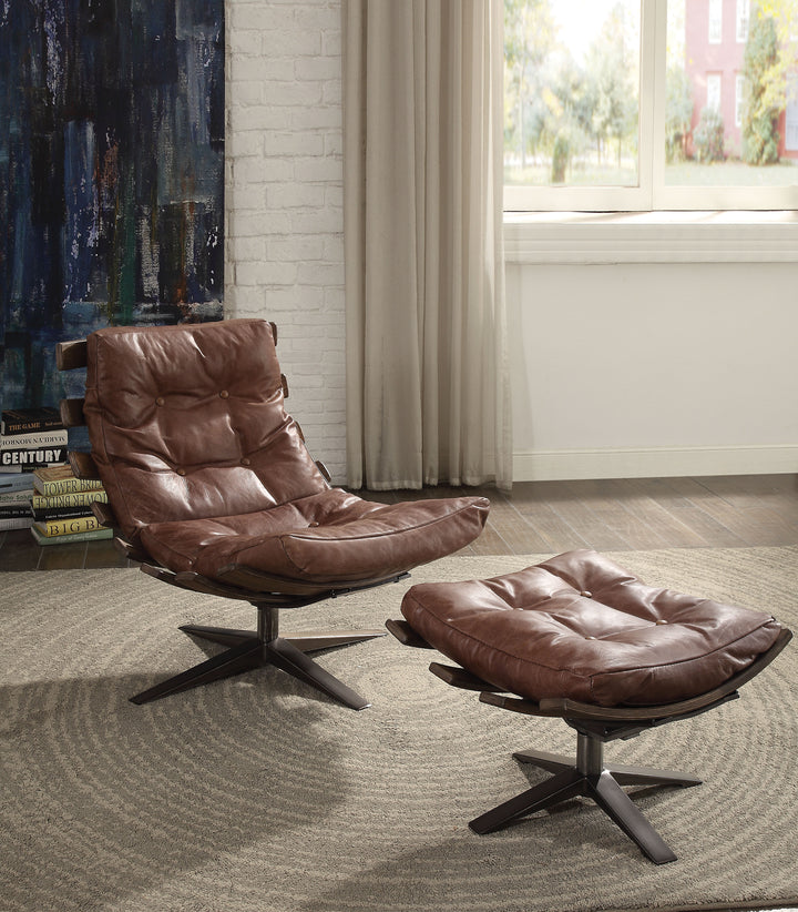 ACME Gandy 2Pc Pack Chair & Ottoman, Retro Brown Top Grain Leather