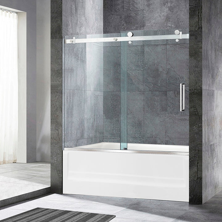 Woodbridge Bath Frameless Sliding Shower, Clear Tempered Glass, Chrome Finish, Designed
