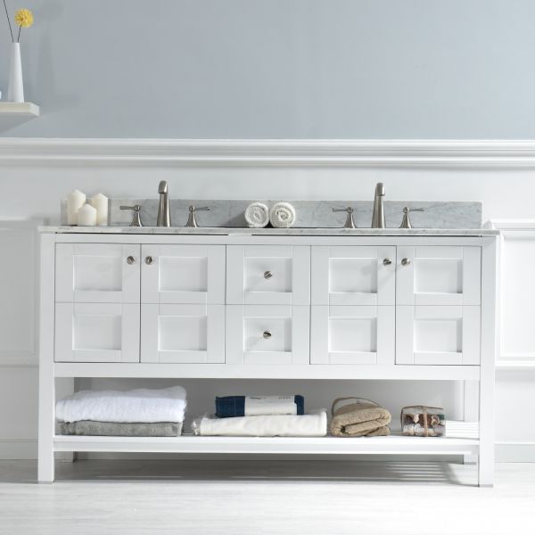 WoodBridge 60" Solid Wood Vanities with Carra White Marble Top with Two Rectangle Bowls, White Color. Sydney-6021D