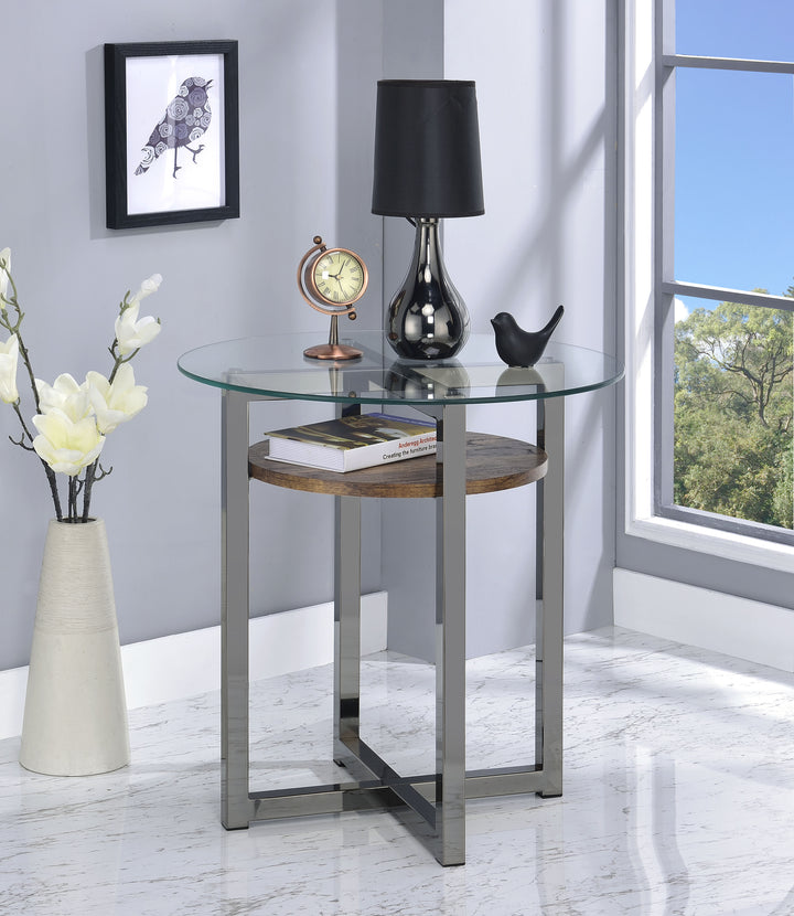 ACME Janette End Table, Weathered Oak, Black Nickel & Clear Glass