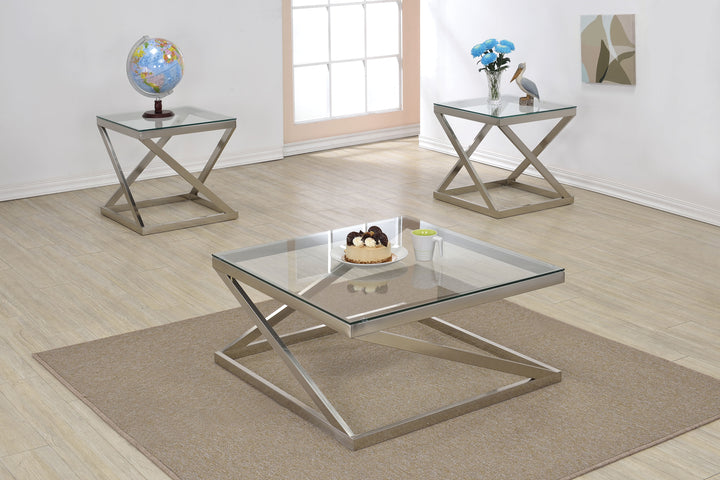 ACME Ollie Coffee Table, Brushed Nickel & Clear Glass