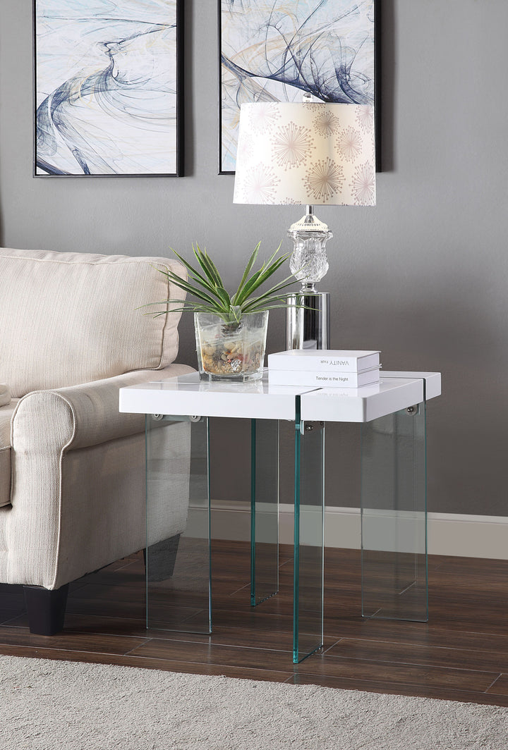 ACME Noland - End Table, White High Gloss & Clear Glass (1Set/2Ctn)