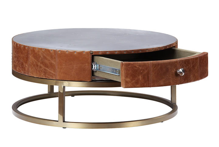 ACME Tamas Coffee Table w/Drawer, Aluminum & Cocoa Top Grain Leather