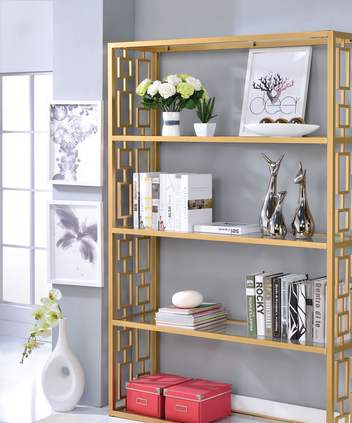 ACME Blanrio Bookshelf, Gold & Clear Glass (1Set/2Ctn)