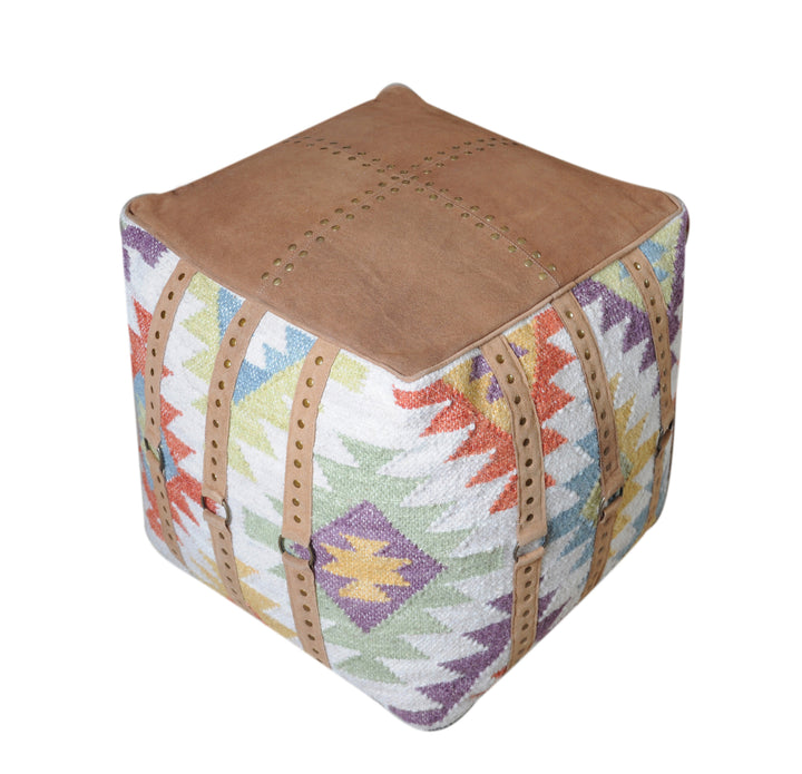 ACME Republic Pouf Ottoman, Leather & Multi-Color Wool, 16" Seat Height