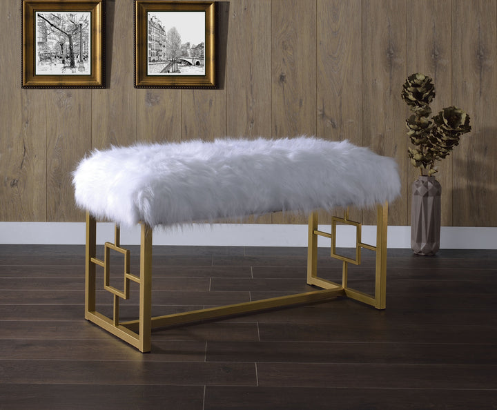 ACME Bagley II Bench, White Faux Fur & Gold