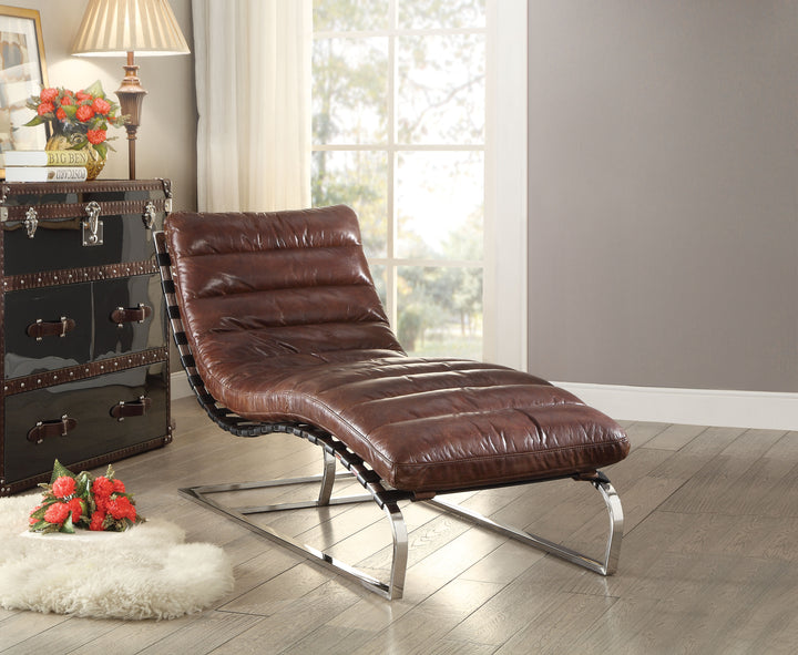 ACME Qortini Chaise, Vintage Dark Brown Top Grain Leather & Stainless Steel