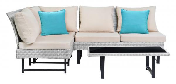 Safavieh Aleron Rattan Outdoor Sectional And Coffee Table With Teal Accent Pillows