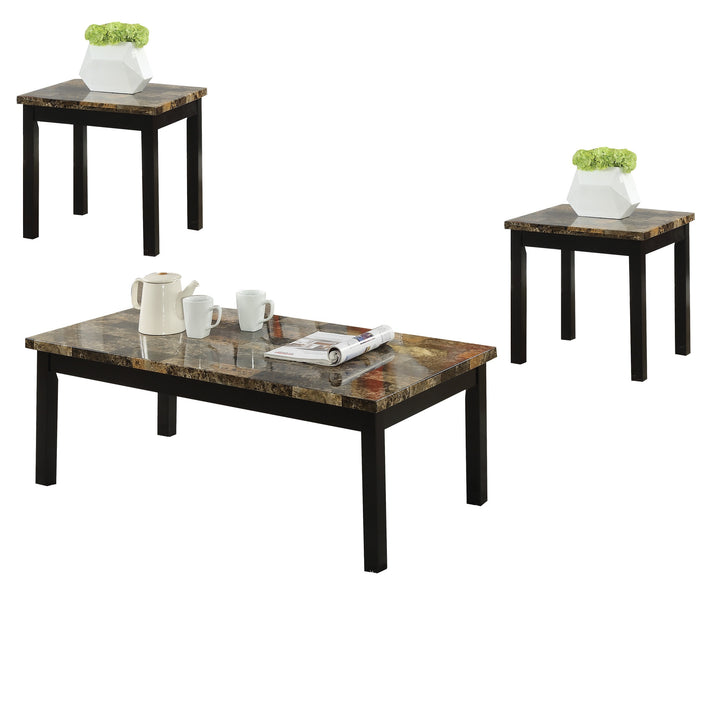 ACME Finely II 3Pc Pack Coffee/End Set, Dark Brown Faux Marble & Black